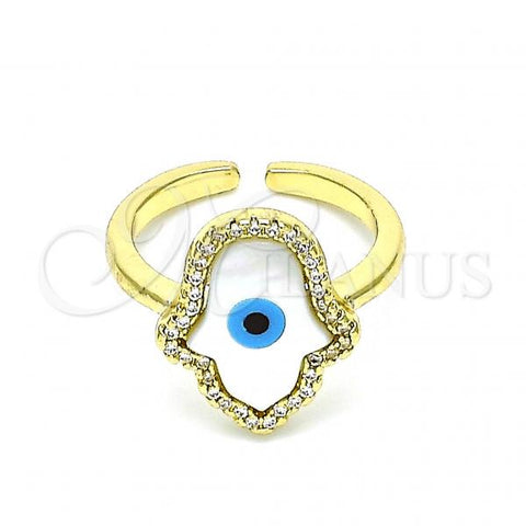 Oro Laminado Multi Stone Ring, Gold Filled Style Hand of God Design, with Ivory Mother of Pearl and White Micro Pave, Polished, Golden Finish, 01.341.0056