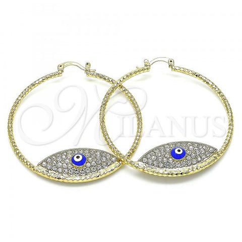 Oro Laminado Large Hoop, Gold Filled Style Evil Eye Design, with White Crystal, Blue Enamel Finish, Golden Finish, 02.380.0074.50