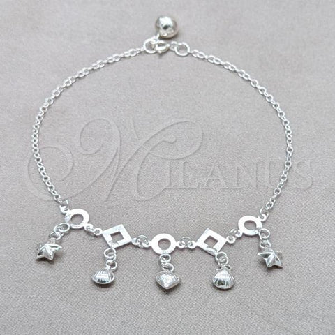 Sterling Silver Fancy Anklet, Shell and Heart Design, Polished, Silver Finish, 03.409.0084.10