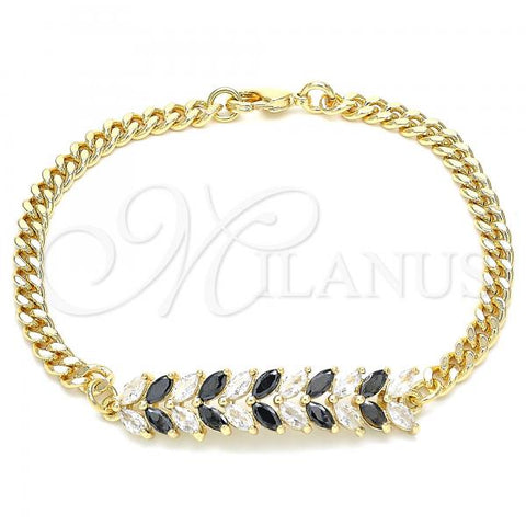 Oro Laminado Fancy Bracelet, Gold Filled Style Leaf Design, with Black and White Cubic Zirconia, Polished, Golden Finish, 03.63.2155.1.08