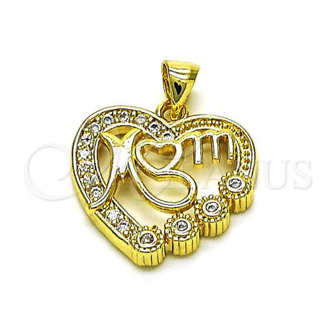 Oro Laminado Fancy Pendant, Gold Filled Style Heart and Mom Design, with White Cubic Zirconia, Polished, Golden Finish, 05.341.0065