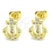 Oro Laminado Stud Earring, Gold Filled Style Anchor Design, with White Micro Pave, Polished, Golden Finish, 02.156.0464