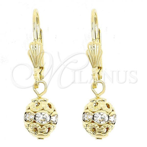 Oro Laminado Dangle Earring, Gold Filled Style Ball Design, with White Crystal, Polished, Golden Finish, 5.120.012