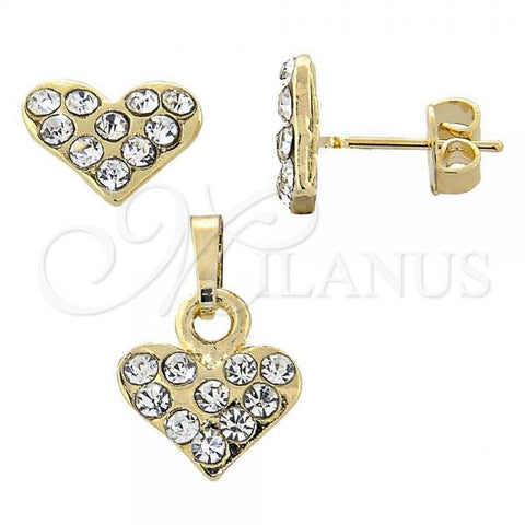 Oro Laminado Earring and Pendant Adult Set, Gold Filled Style Heart Design, with White Crystal, Polished, Golden Finish, 10.164.0019
