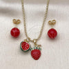 Oro Laminado Necklace and Earring, Gold Filled Style Strawberry Design, Red Enamel Finish, Golden Finish, 06.417.0020