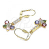 Oro Laminado Long Earring, Gold Filled Style Butterfly and Flower Design, with Multicolor Cubic Zirconia, Polished, Golden Finish, 02.387.0038.1