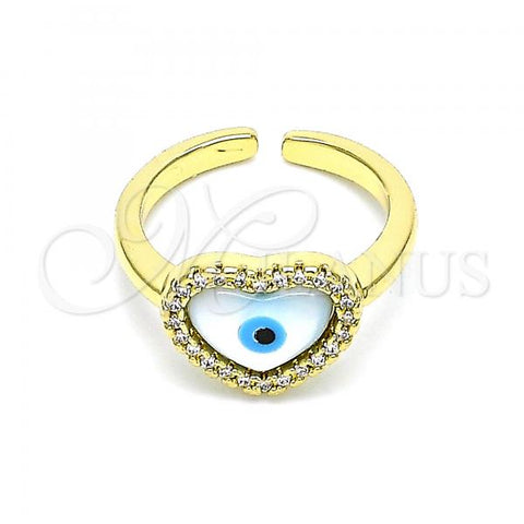 Oro Laminado Multi Stone Ring, Gold Filled Style Evil Eye and Heart Design, with White Mother of Pearl and White Micro Pave, Polished, Golden Finish, 01.341.0064