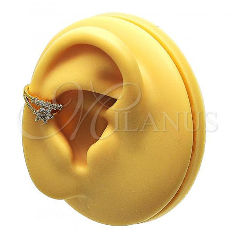 Oro Laminado Earcuff Earring, Gold Filled Style Flower Design, with White Micro Pave, Polished, Golden Finish, 02.210.0693