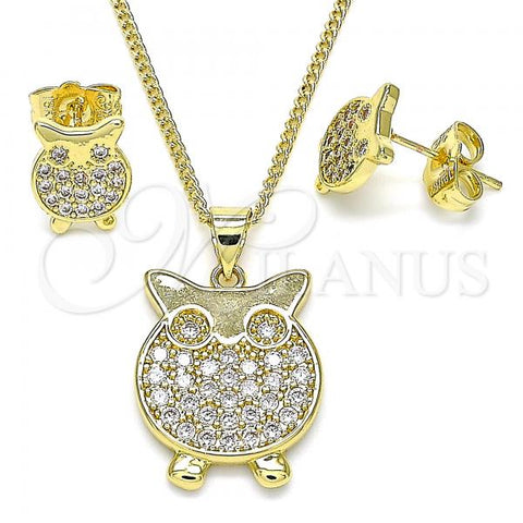 Oro Laminado Earring and Pendant Adult Set, Gold Filled Style Owl Design, with White Micro Pave, Polished, Golden Finish, 10.156.0343