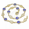 Oro Laminado Fancy Anklet, Gold Filled Style Evil Eye and Hand of God Design, Blue Resin Finish, Golden Finish, 03.326.0007.1.10