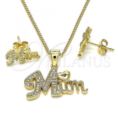 Oro Laminado Earring and Pendant Adult Set, Gold Filled Style Mom and Heart Design, with White Micro Pave, Polished, Golden Finish, 10.342.0052