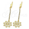 Oro Laminado Long Earring, Gold Filled Style Flower Design, with White Cubic Zirconia, Diamond Cutting Finish, Golden Finish, 5.087.001
