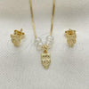 Oro Laminado Earring and Pendant Adult Set, Gold Filled Style Owl and Box Design, with White Mother of Pearl, Polished, Golden Finish, 10.09.0043