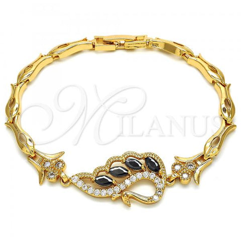 Oro Laminado Fancy Bracelet, Gold Filled Style Peacock and Fish Design, with Black and White Cubic Zirconia, Polished, Golden Finish, 03.210.0104.07