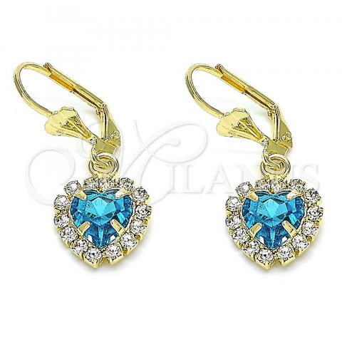 Oro Laminado Leverback Earring, Gold Filled Style Heart Design, with Blue Topaz and White Crystal, Polished, Golden Finish, 02.122.0114.8