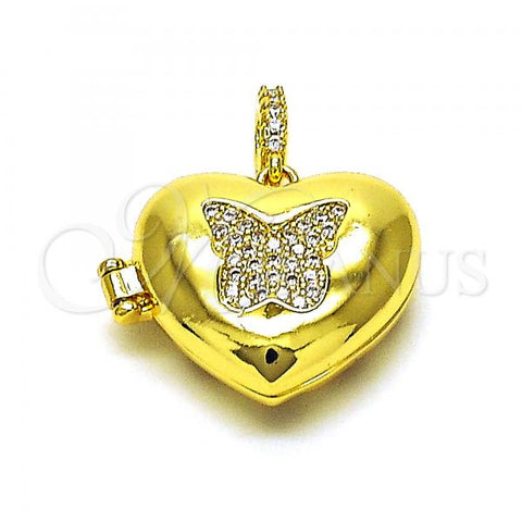 Oro Laminado Locket Pendant, Gold Filled Style Heart and Butterfly Design, with White Micro Pave, Polished, Golden Finish, 05.341.0079