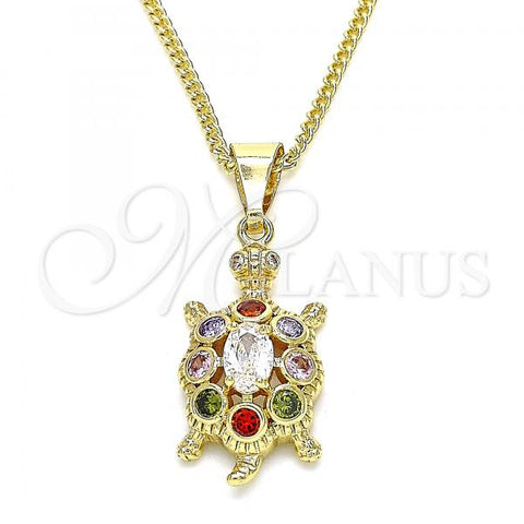 Oro Laminado Pendant Necklace, Gold Filled Style Turtle Design, with Multicolor Cubic Zirconia, Polished, Golden Finish, 04.210.0051.1.20