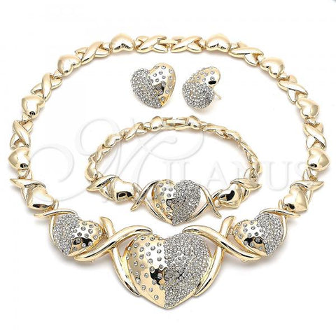 Oro Laminado Necklace, Bracelet and Earring, Gold Filled Style Hugs and Kisses and Heart Design, with White Crystal, Polished, Golden Finish, 06.372.0021
