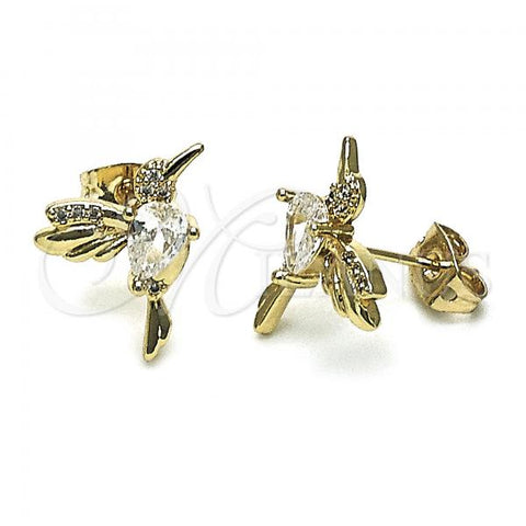 Oro Laminado Stud Earring, Gold Filled Style Bird Design, with White Cubic Zirconia and White Micro Pave, Polished, Golden Finish, 02.341.0145
