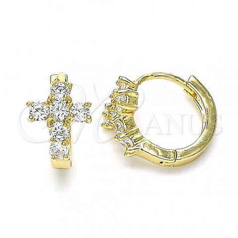Oro Laminado Huggie Hoop, Gold Filled Style Cross Design, with White Cubic Zirconia, Polished, Golden Finish, 02.210.0562.12