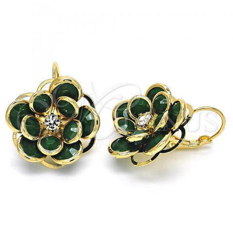Oro Laminado Leverback Earring, Gold Filled Style Flower Design, with Green and White Crystal, Polished, Golden Finish, 02.64.0640.3