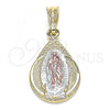 Oro Laminado Religious Pendant, Gold Filled Style Teardrop and Guadalupe Design, Polished, Tricolor, 05.351.0120