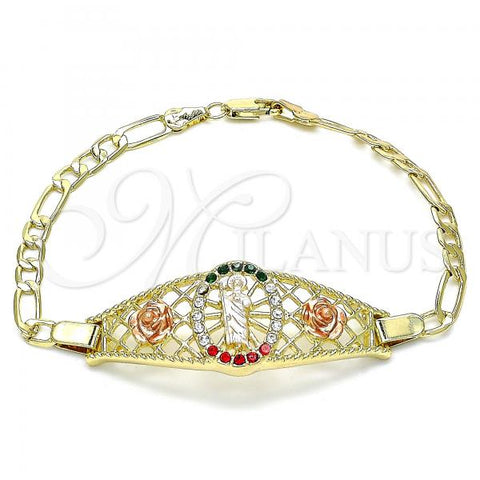 Oro Laminado Fancy Bracelet, Gold Filled Style San Judas and Flower Design, with Multicolor Crystal, Polished, Tricolor, 03.380.0087.08