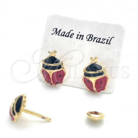 Oro Laminado Stud Earring, Gold Filled Style Ladybug Design, Red Enamel Finish, Golden Finish, 02.02.0501