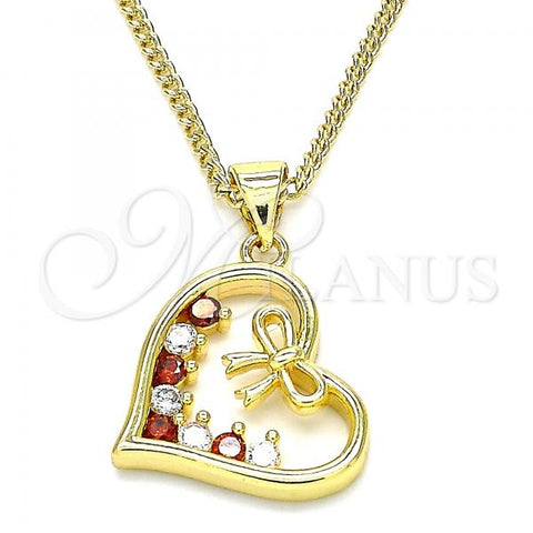 Oro Laminado Pendant Necklace, Gold Filled Style Heart and Bow Design, with Garnet and White Cubic Zirconia, Polished, Golden Finish, 04.195.0013.1.20