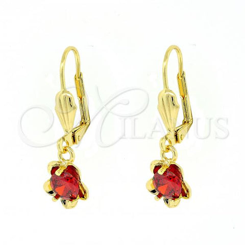 Oro Laminado Dangle Earring, Gold Filled Style Flower Design, with Garnet Cubic Zirconia, Polished, Golden Finish, 02.63.2450.1