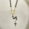 Oro Laminado Thin Rosary, Gold Filled Style Guadalupe and Cross Design, with Black Azavache, Black Enamel Finish, Golden Finish, 09.02.0039.1.18