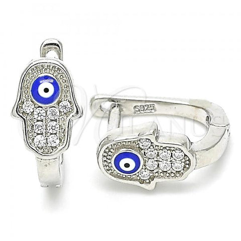 Sterling Silver Huggie Hoop, Hand of God and Evil Eye Design, with White Cubic Zirconia, Blue Enamel Finish, Rhodium Finish, 02.336.0155.12