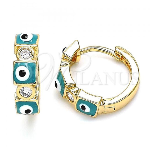 Oro Laminado Huggie Hoop, Gold Filled Style Evil Eye Design, with White Cubic Zirconia, Green Enamel Finish, Golden Finish, 02.213.0192.2.15