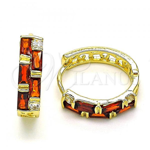 Oro Laminado Huggie Hoop, Gold Filled Style with Garnet and White Cubic Zirconia, Polished, Golden Finish, 02.210.0731.15