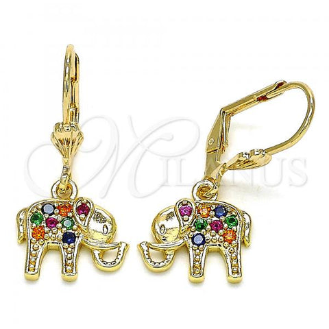 Oro Laminado Dangle Earring, Gold Filled Style Elephant Design, with Multicolor Micro Pave, Polished, Golden Finish, 02.210.0388.1