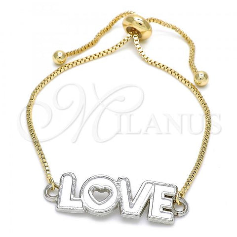 Oro Laminado Adjustable Bolo Bracelet, Gold Filled Style Love and Heart Design, White Enamel Finish, Two Tone, 03.63.1862.10