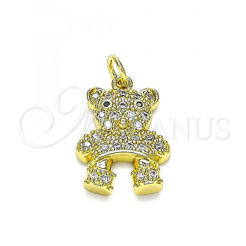 Oro Laminado Fancy Pendant, Gold Filled Style Teddy Bear Design, with White and Black Micro Pave, Polished, Golden Finish, 05.381.0002