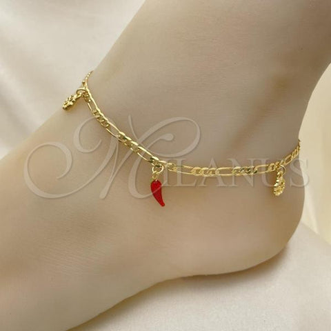 Oro Laminado Charm Anklet , Gold Filled Style Chili and Figaro Design, with Black Azavache, Polished, Golden Finish, 03.32.0599.10