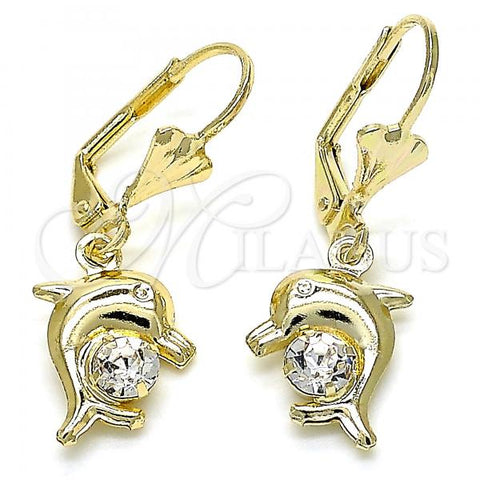Oro Laminado Dangle Earring, Gold Filled Style Butterfly Design, with White Crystal, Polished, Golden Finish, 02.351.0064