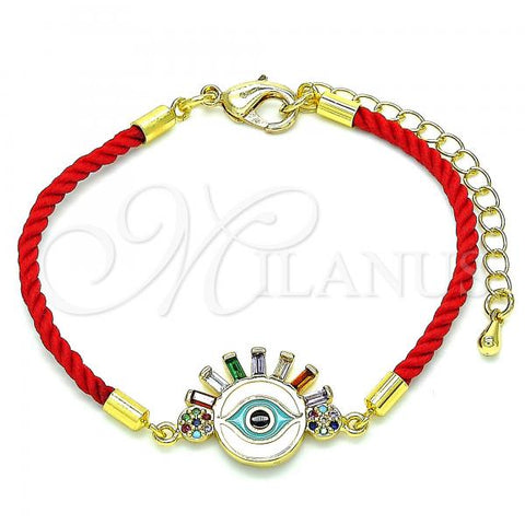 Oro Laminado Fancy Bracelet, Gold Filled Style Evil Eye Design, with Multicolor Cubic Zirconia and Multicolor Micro Pave, White Enamel Finish, Golden Finish, 03.381.0029.06