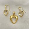 Oro Laminado Earring and Pendant Adult Set, Gold Filled Style Heart Design, with White Crystal, Golden Finish, 10.59.0109