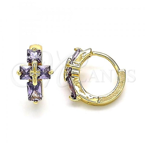 Oro Laminado Huggie Hoop, Gold Filled Style Cross Design, with Amethyst Cubic Zirconia, Polished, Golden Finish, 02.210.0552.3.12