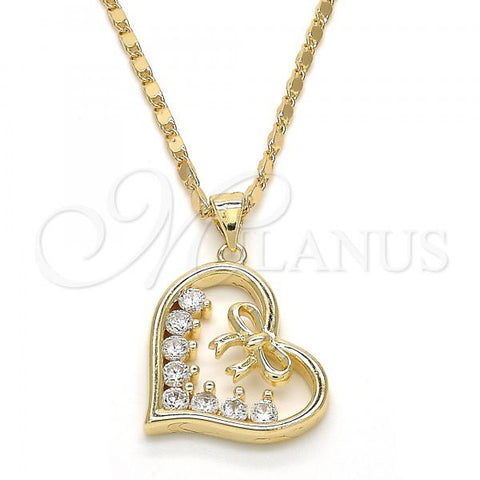 Oro Laminado Pendant Necklace, Gold Filled Style Heart and Bow Design, with White Cubic Zirconia, Polished, Golden Finish, 04.195.0013.20