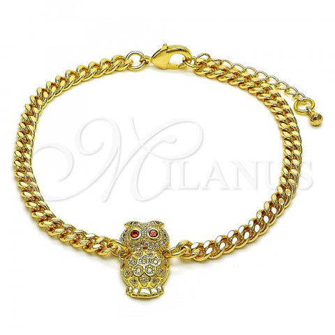 Oro Laminado Fancy Bracelet, Gold Filled Style Owl Design, with White Micro Pave and Orange Red Cubic Zirconia, Polished, Golden Finish, 03.195.0003.08