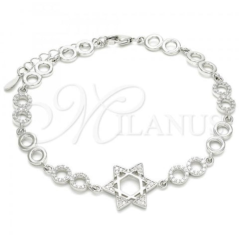 Sterling Silver Fancy Bracelet, Star of David Design, with White Cubic Zirconia, Polished, Rhodium Finish, 03.369.0010.07