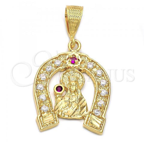 Oro Laminado Religious Pendant, Gold Filled Style Santa Barbara Design, with Ruby and White Cubic Zirconia, Golden Finish, 5.187.011