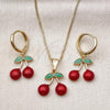 Oro Laminado Earring and Pendant Adult Set, Gold Filled Style Cherry Design, Red Enamel Finish, Golden Finish, 10.282.0009