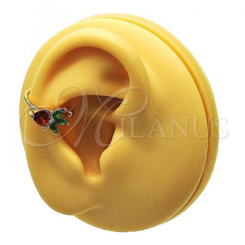 Oro Laminado Earcuff Earring, Gold Filled Style Strawberry Design, with Garnet and Green Cubic Zirconia, Polished, Golden Finish, 02.213.0381