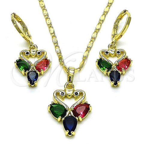 Oro Laminado Earring and Pendant Adult Set, Gold Filled Style Swan and Heart Design, with Multicolor Cubic Zirconia and Black Micro Pave, Polished, Golden Finish, 10.196.0114