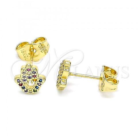 Oro Laminado Stud Earring, Gold Filled Style Hand of God Design, with Multicolor Micro Pave, Polished, Golden Finish, 02.156.0604.1